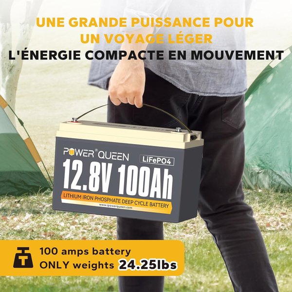 Power Queen Batterie Lithium 12V 100Ah, Batterie LiFePO4 Rechargeable avec BMS 100A, 4000+ Cycles
