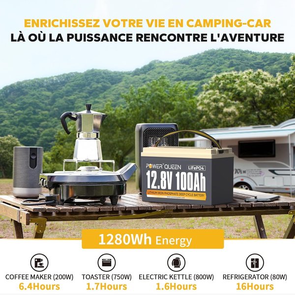 Power Queen Batterie Lithium 12V 100Ah, Batterie LiFePO4 Rechargeable avec BMS 100A, 4000+ Cycles - Image 2